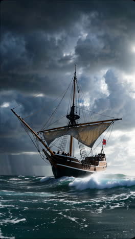 Historic Sailing Ship Navigating a Stormy Sea