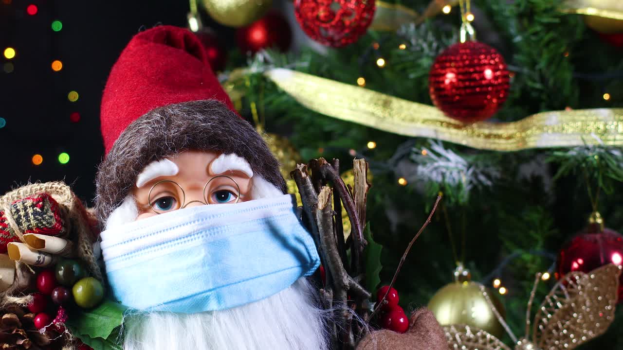 Close up of Santa clouse with face mask and Christmas tree