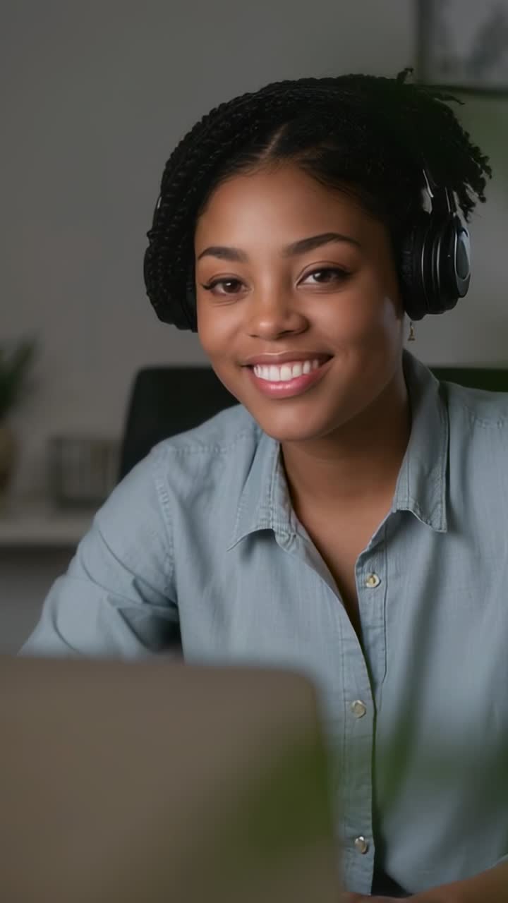 Video verticale: donna sorridente con cuffie e camicia blu che reagisce allo schermo alla scrivania mentre usa un laptop