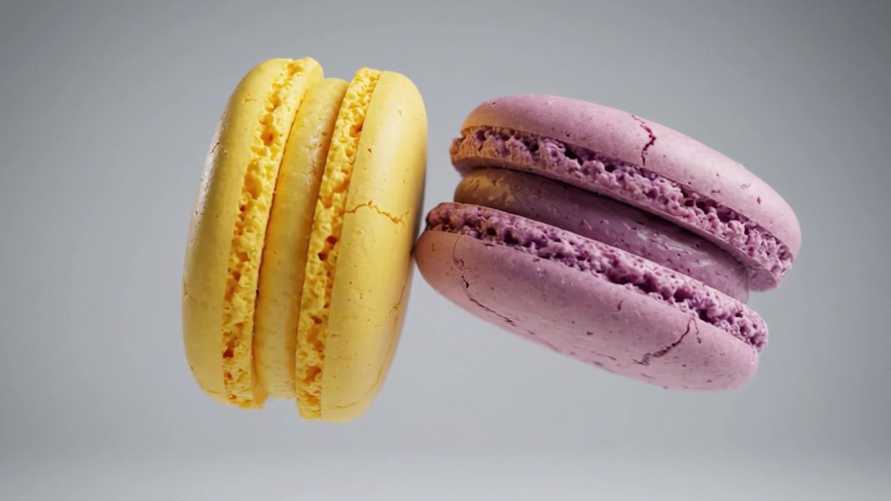A Captivating Display of Colorful Floating Macarons: An Artistic Representation of Delicate Confections in Mid-Air, Showcasing a Variety of Flavors and Textures