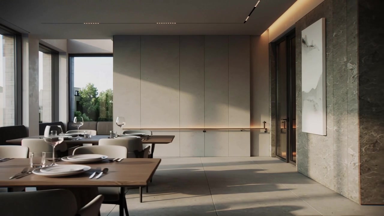 Panning camera pulling back across modern condo dining area, revealing wooden table with tableware