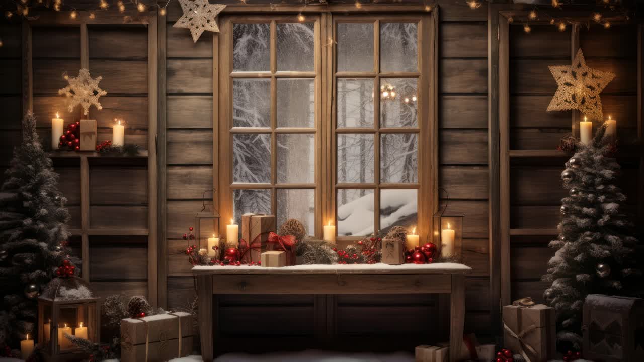 Cozy Christmas scene with candles and gifts, shot from eye-level