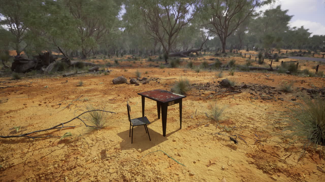A lone table and chair sit in a barren australian landscape