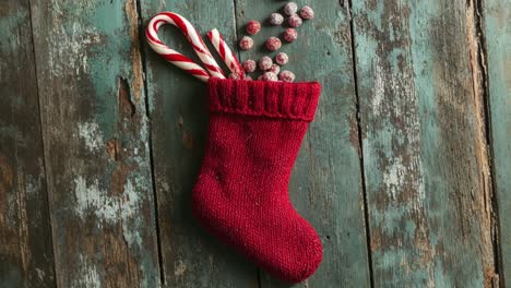 red knitted christmas stocking with candy canes and candy