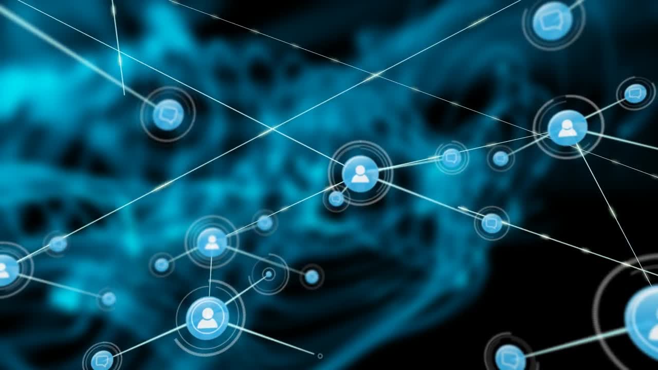 animación de la red de conexiones con iconos sobre formas sobre fondo negro