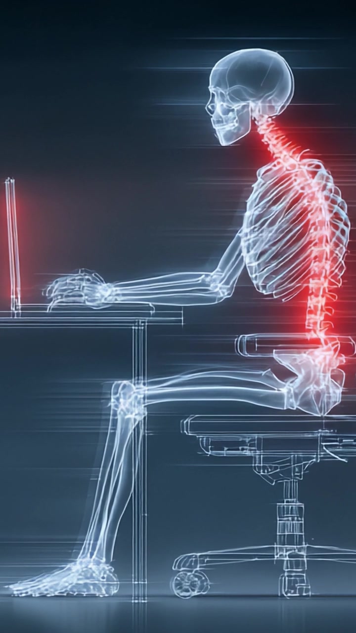 Anatomisk indsigt i kropsholdning: En detaljeret udforskning af et menneskeligt skelet, der arbejder ved en computer, med fokus på rygsøjlen og ergonomi