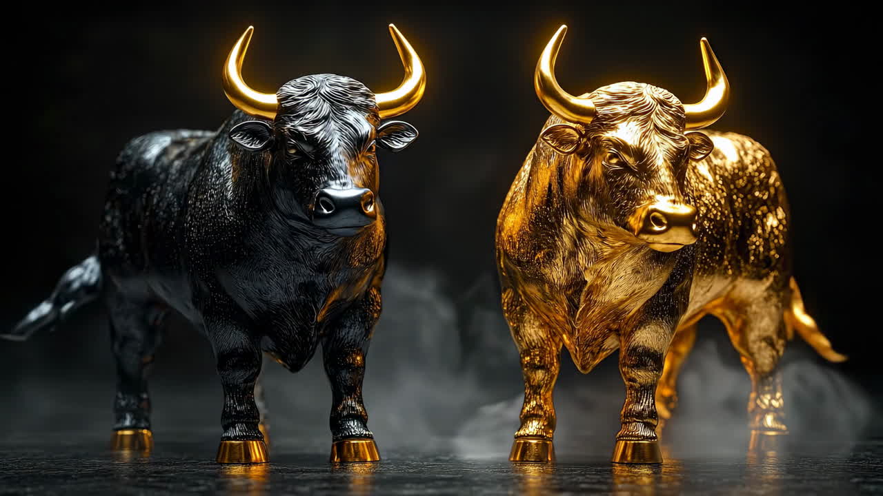Bulls in gold and black symbolize power. Two bulls stand on a dark surface, one shining in gold and the other in black, symbolizing power and prosperity