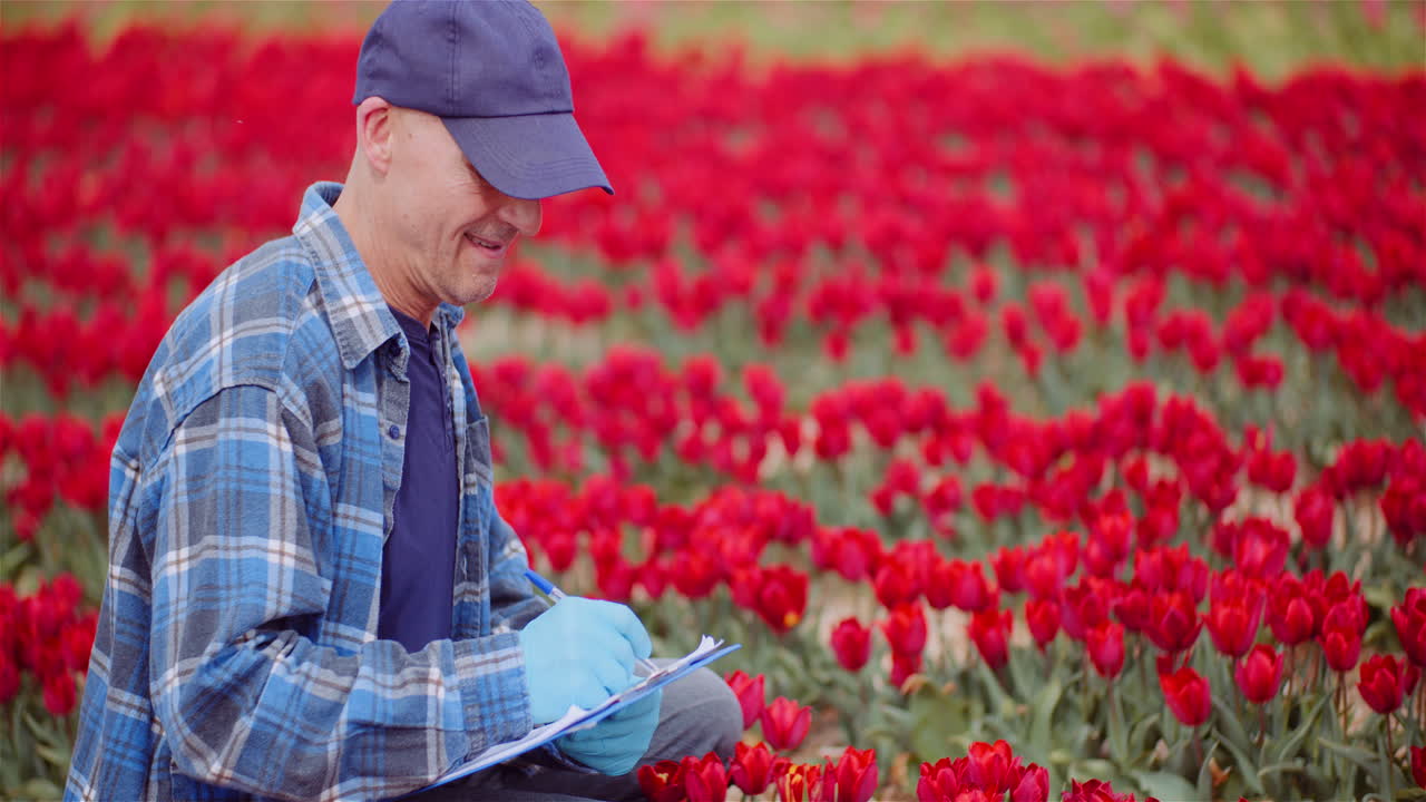 Uomo che ispeziona fiori di tulipano rossi in un campo vivace.