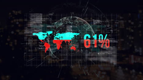 animation of world map and increasing percents over globe and data on black background