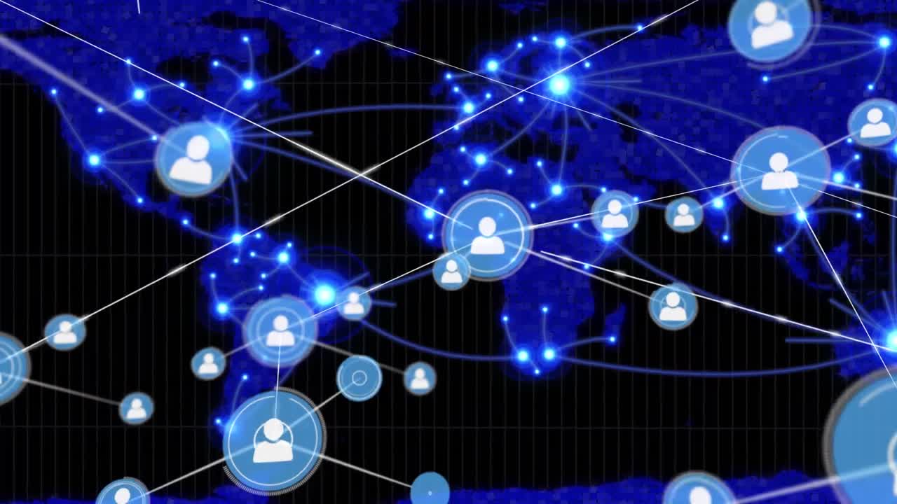 세계 지도 위의 반이는 파란색 빛 트레일 위에 프로필 아이콘 네트워크의 애니메이션