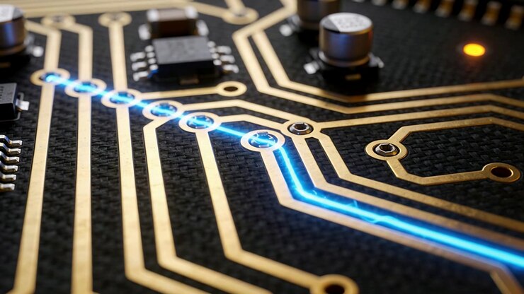 Showing PCB sending blue signal along gold traces after power, at workbench with IC and vias