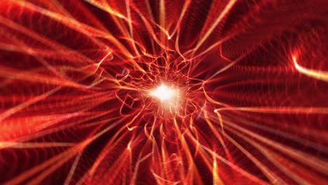 ilustración 4k 3d de formas espirales geométricas de caos brillante luces rojas malla de alambre de energía túnel de red de energía. fondo de túnel futurista concepto de bucle sin costuras para bucle vj dj, ciencia, tecnología.
