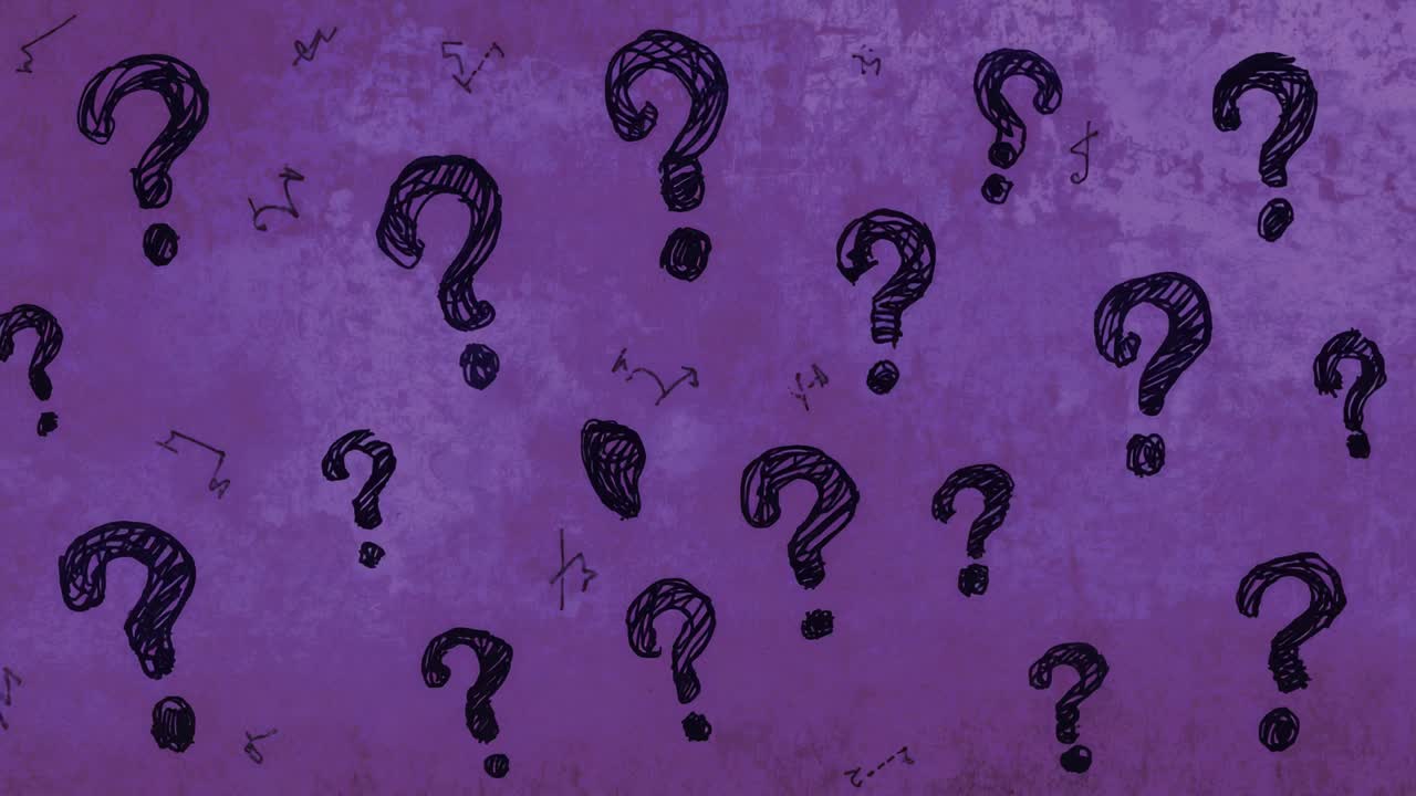 Looping black question-mark sketches shifting on purple backdrop as frames change, with doodles