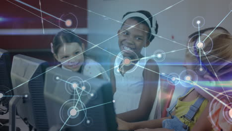 animation of network of connections over school children using computers