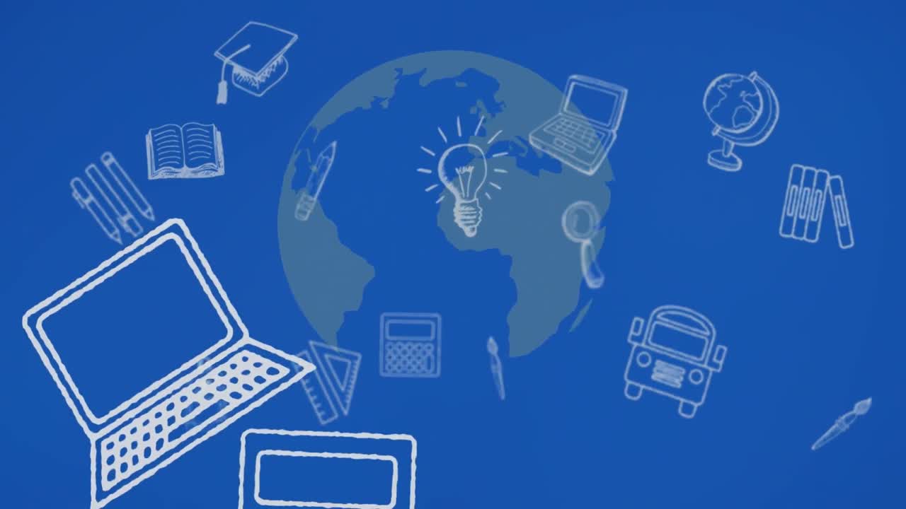 Animation of school icons floating over blue globe and blue background