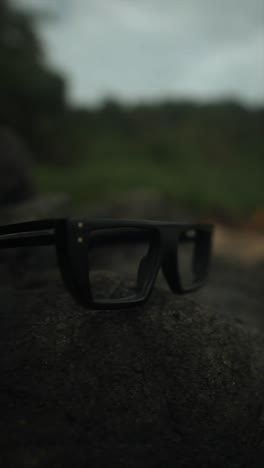 glasses placed on a rock with a soft focus background, evoking calm and simplicity
