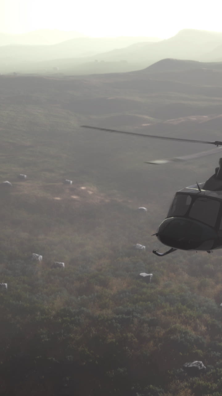 helicóptero volando sobre un paisaje montañoso brumoso con vacas