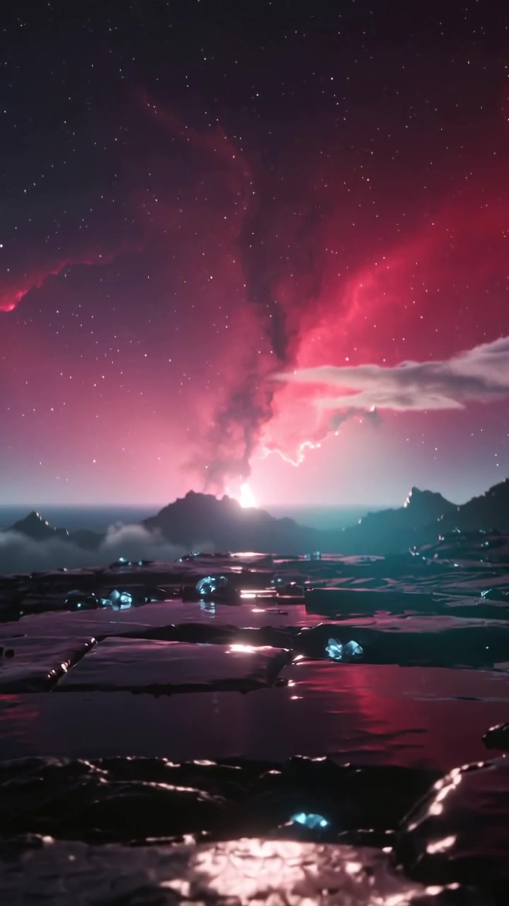 Video verticale: Spostando la telecamera in avanti si rivela una fessura che proietta un bagliore di cielo magenta, illuminando pozze di minerali ciano