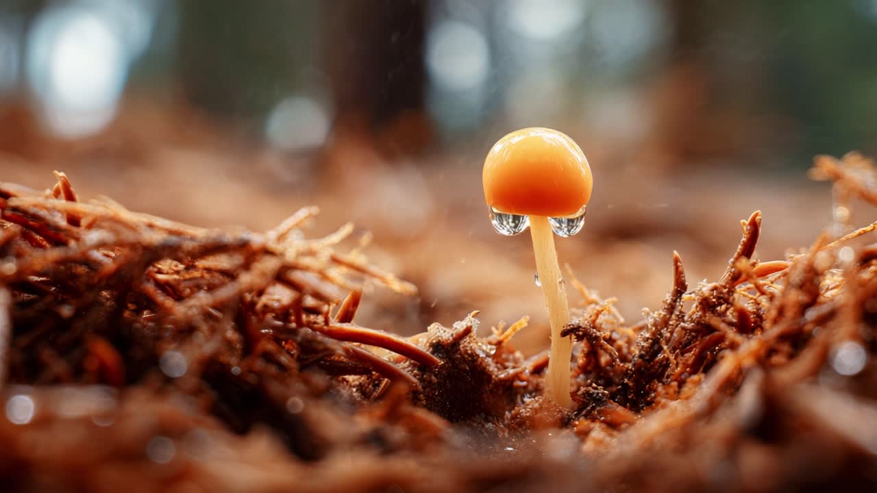 A captivating close-up of a delicate orange mushroom emerging from the forest floor, glistening with dew droplets that reflect the surrounding earthy textures and nature's beauty