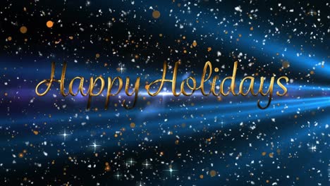 Animation-of-happy-holidays-text-and-snow-falling-over-black-background