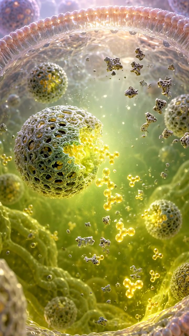 Grandi sfere perforate fluttuano tra particelle più piccole all'interno di uno spazio verde luminoso, mentre confini testurizzati e riflessi dorati creano una profondità stratificata attraverso la vista.