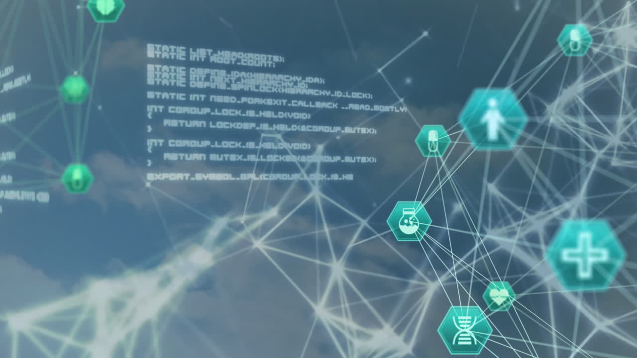 Animation of data processing, globe with networks of connections and icons