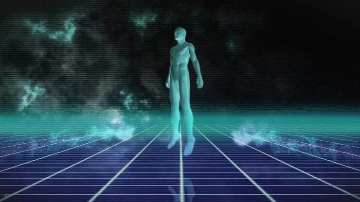 Retro-futuristic digital grid plane extending, glowing neon beam rising, glitch clusters flickering