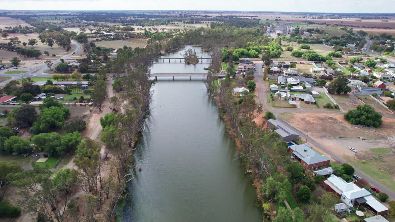 Aerial view over the Loddon River at it flows through Bridgewater, central Victoria, Australia, May 2025.