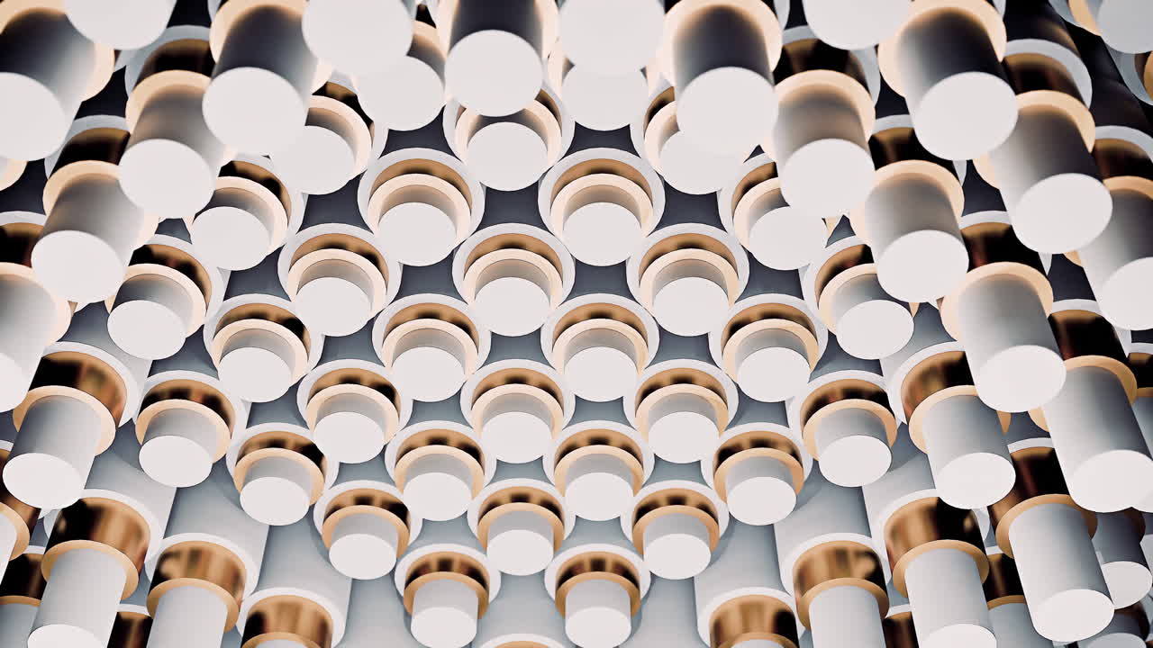 Abstract Ceiling Of Cylindrical Pendant Lights, Suspended In Dense Array With Warm Metallic Rings And Soft . Design