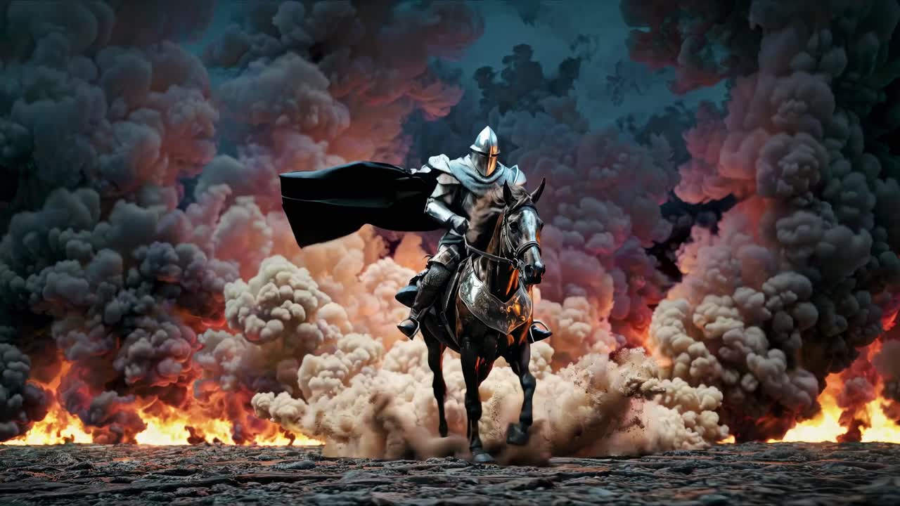 Epic video scene of a knight on horseback charging through smoke and fire