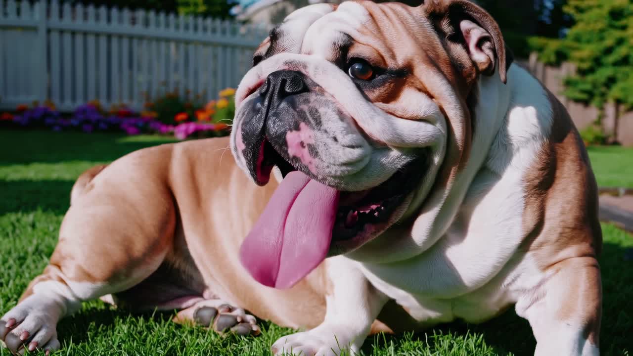 Eine fröhliche Bulldogge, die in einem Garten auf dem Rasen entspannt, aus der Froschperspektive aufgenommen.