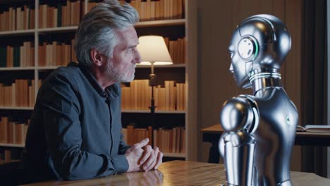 hombre anciano y robot en una biblioteca