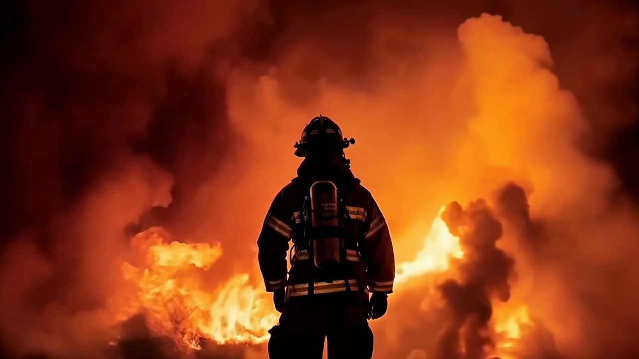 A dramatic video still of a firefighter silhouetted against intense flames