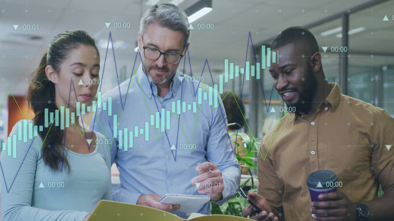 Diverse business team analyzing financial data with graph animation overlay
