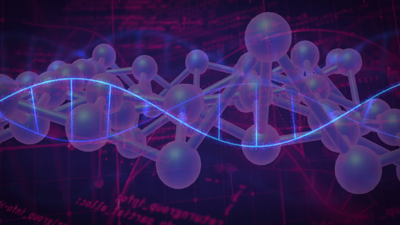 어두운 배경에 있는 dna 가닥 위에 과학적 데이터 처리의 애니메이션