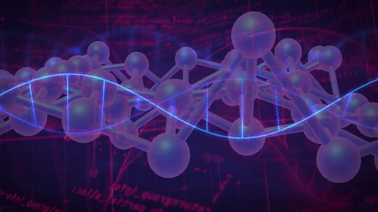 Animation of scientific data processing over dna strands on dark background