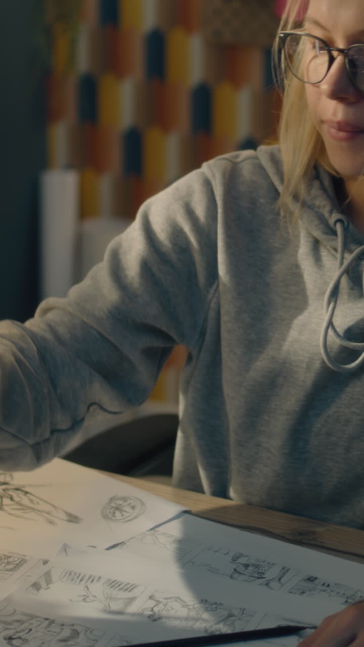 donna che disegna pannelli di fumetti