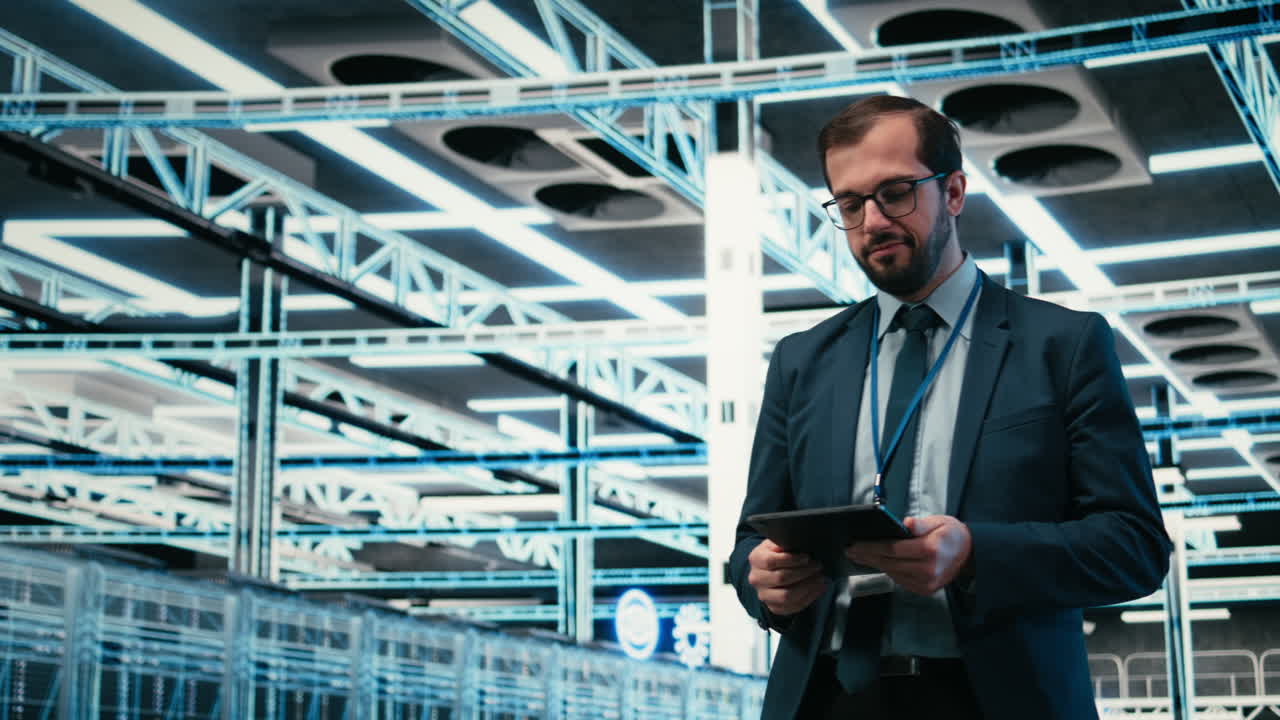 Professionista IT che usa un tablet in un moderno data center con sovrapposizioni digitali