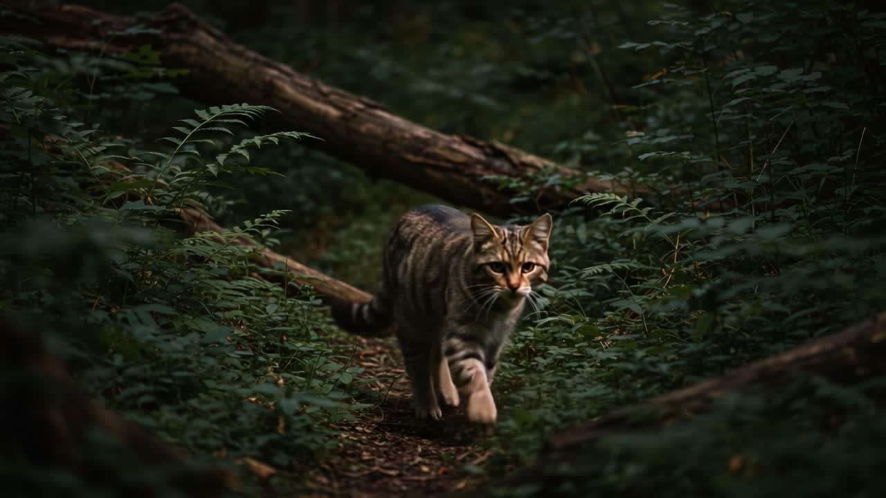 A Striking Wildcat Navigates Through a Dense Forest Path, Evoking the Majesty and Mystery of Untamed Nature in Stunning Detail