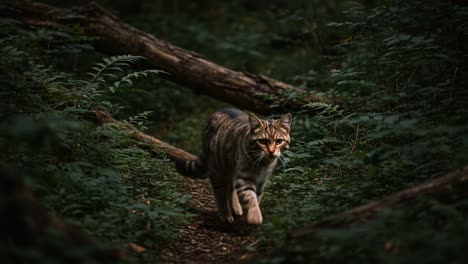 a striking wildcat navigates through a dense forest path, evoking the majesty and mystery of untamed nature in stunning detail