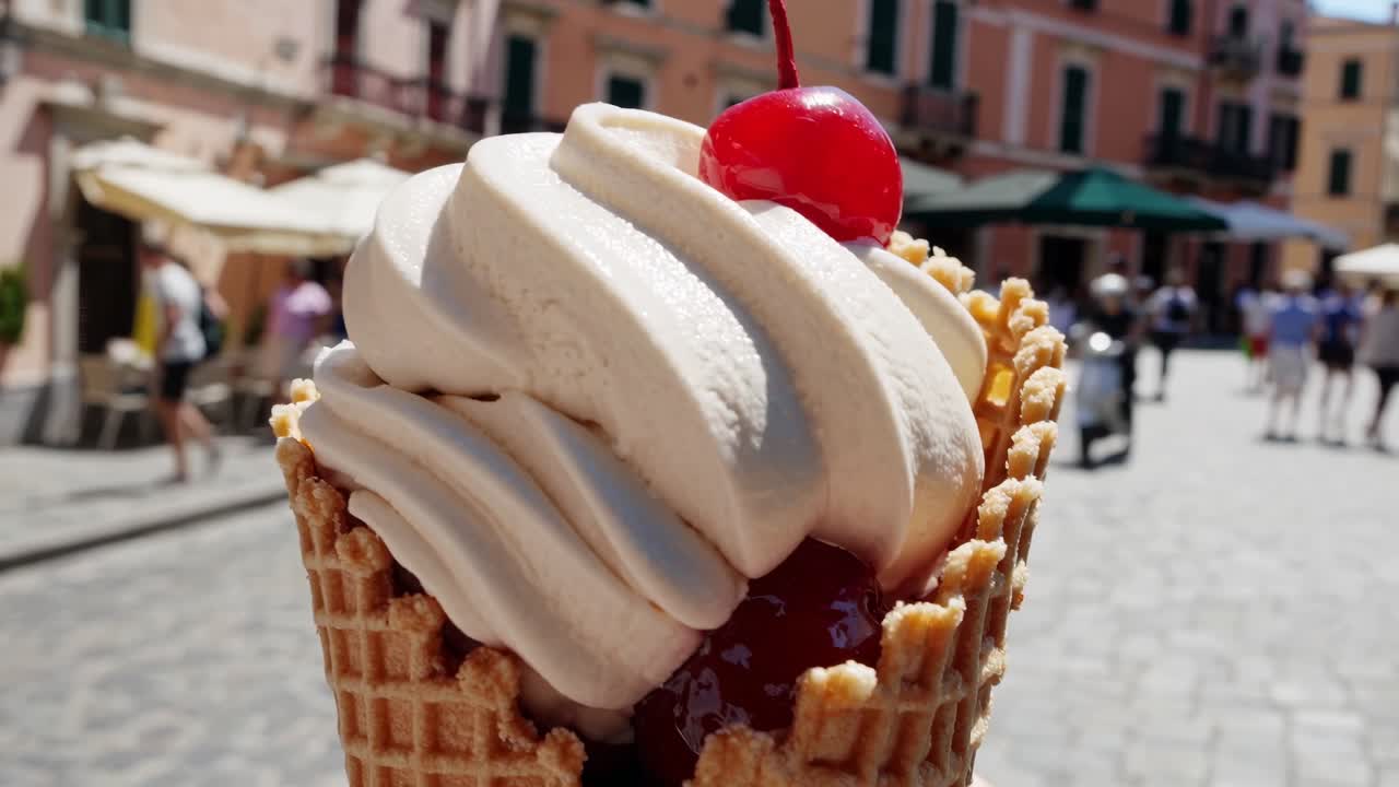 Swirling creamy vanilla ice cream in a crispy waffle cone, topped with a bright red cherry and cherry compote, creates a sweet treat in a sunny European square
