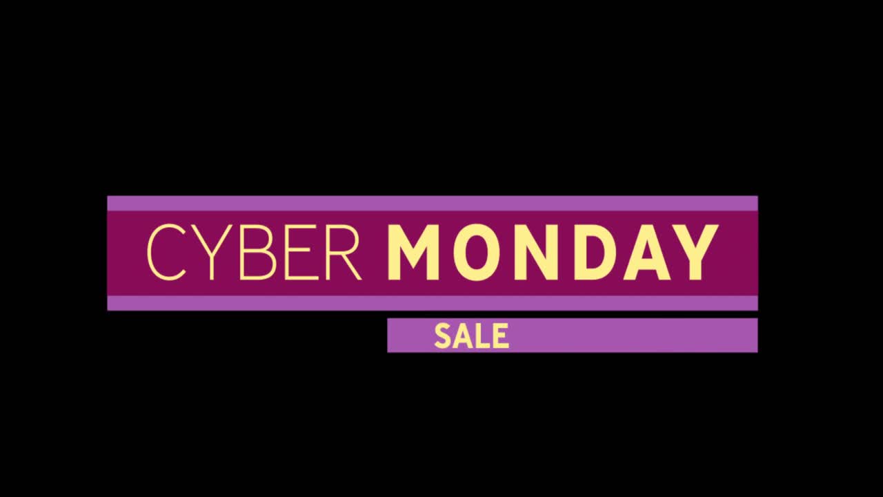texto de venta de cyber monday amarillo y púrpura que aparece contra una pantalla negra