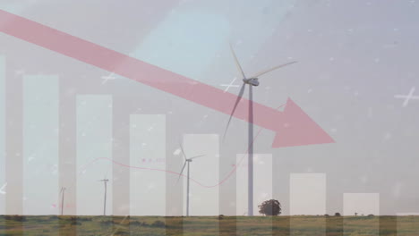 animation of red arrow and financial data processing over wind turbines field in countryside