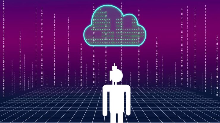 Animation of ai chat and data processing over cloud and people icon