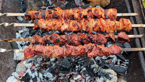 filetes frescos de carne de cerdo y de res en una barbacoa de carbón, día de verano