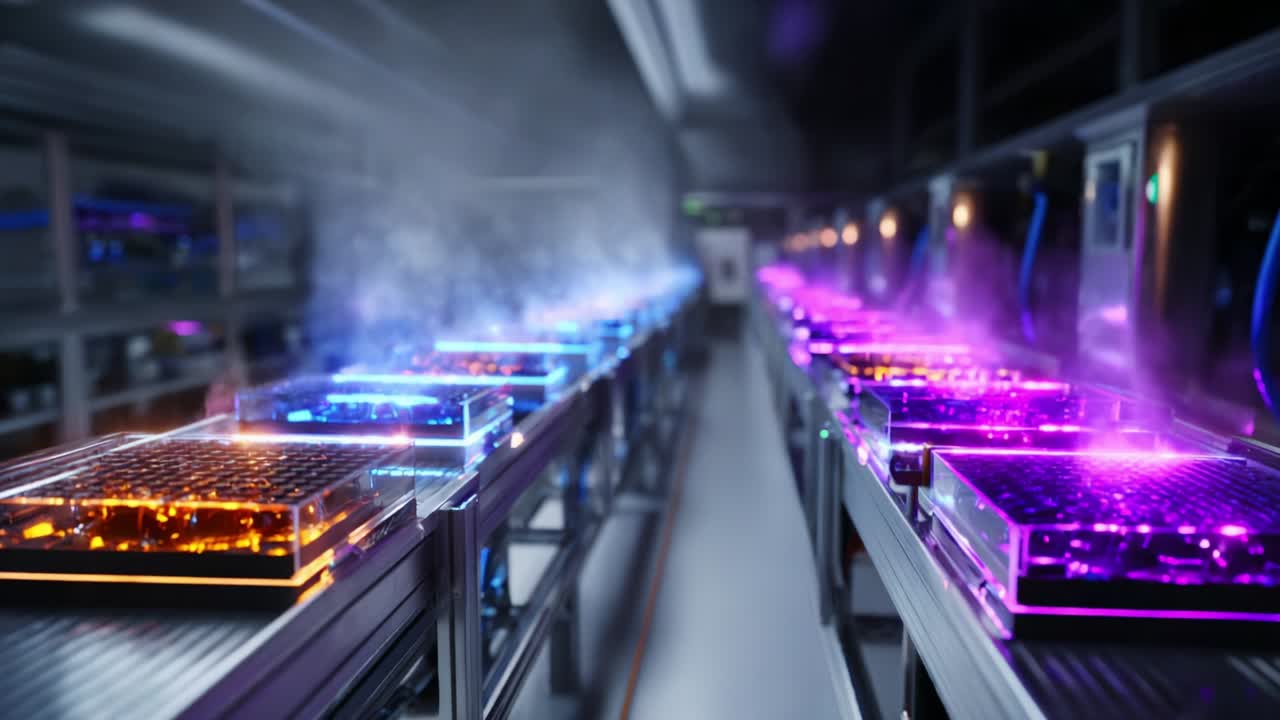 Modern Data Processing Facility Featuring High-Tech Computing Racks with Colorful LED Lighting and Vapor Emissions, Designed for Efficient Information Storage and Manipulation in a Streamlined Environment