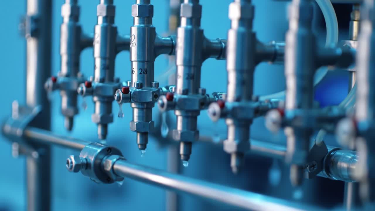 Close-Up of Precision Mechanical Valves with Enhanced Detail, Showcasing the Intricate Components and Fluid Dynamics in a High-Tech Laboratory Environment