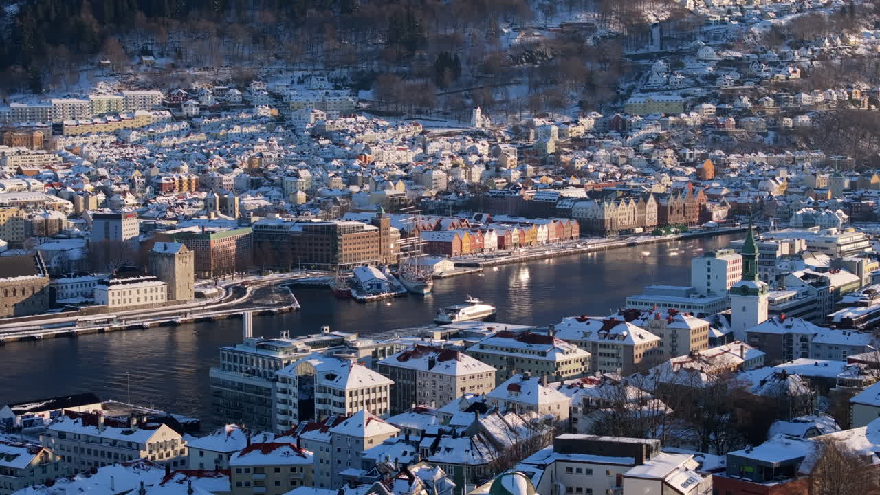 Beautiful aerial shot of Bryggen and the historic city center of Bergen, Norway