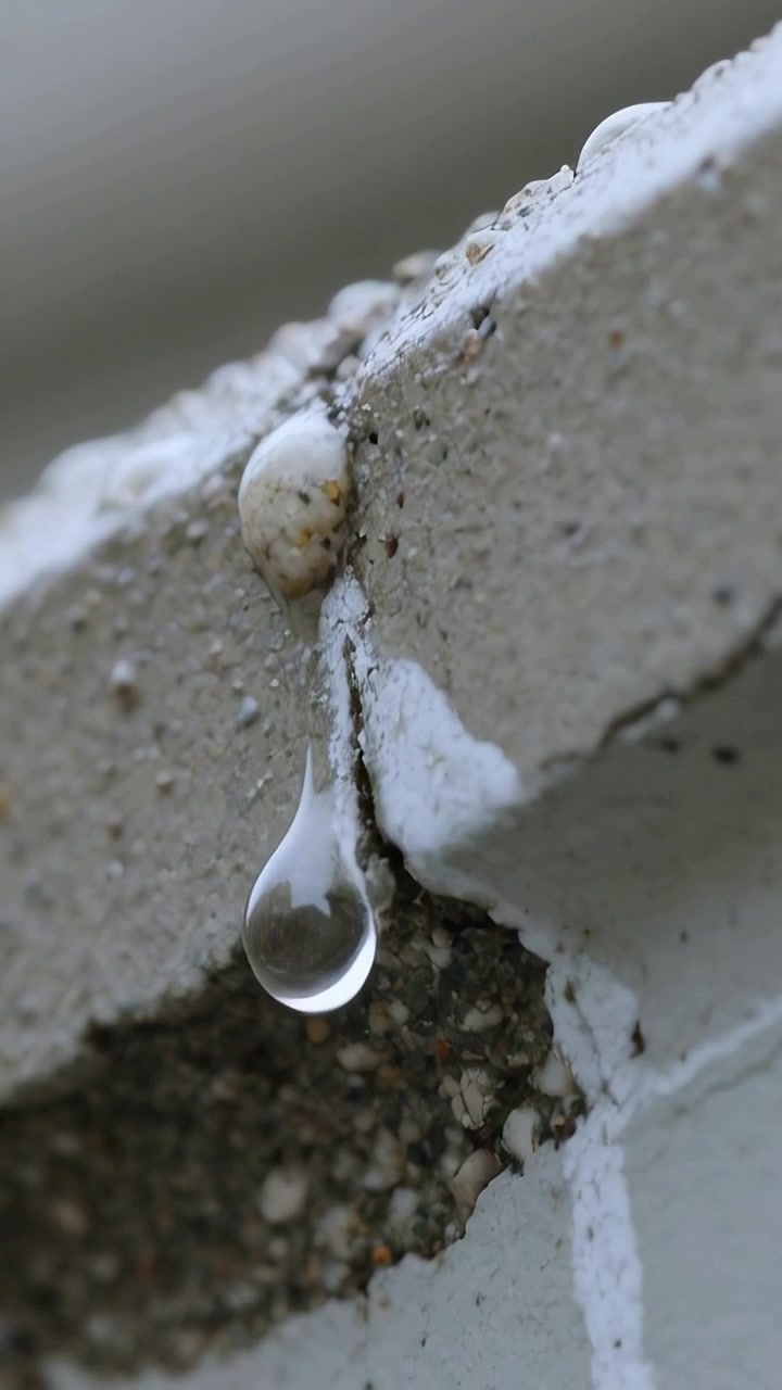 Video verticale: Goccia d'acqua che si forma su sigillante bianco sul bordo della malta, allungandosi