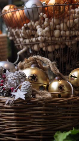 rustic christmas decorations in baskets